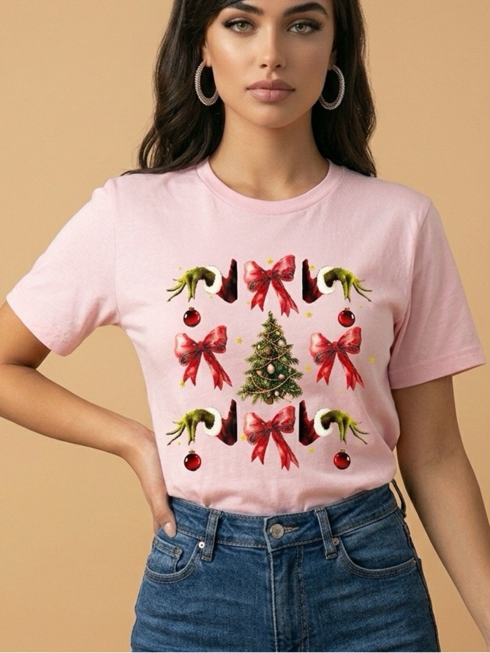 Women’s Pink Holiday Graphic Tee - Festive Bow & Tree Design